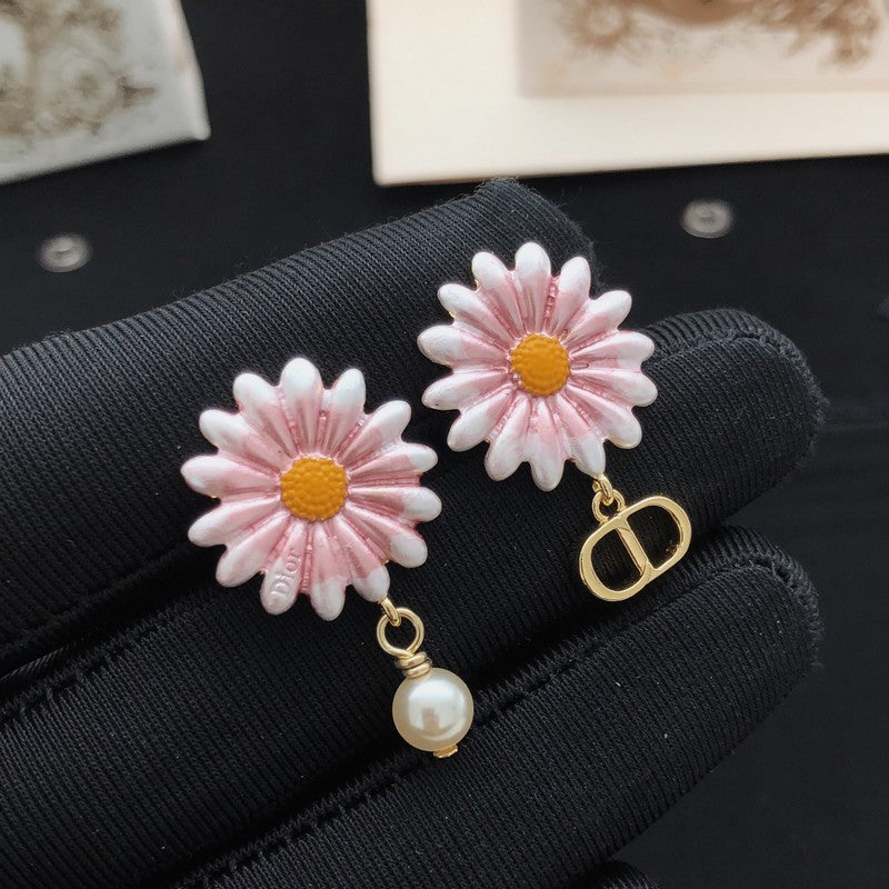 18K CD Pink Sun Flower Pearl Earrings