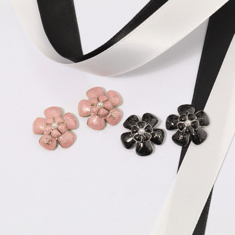18K CC Black & Pink Flower Earrings