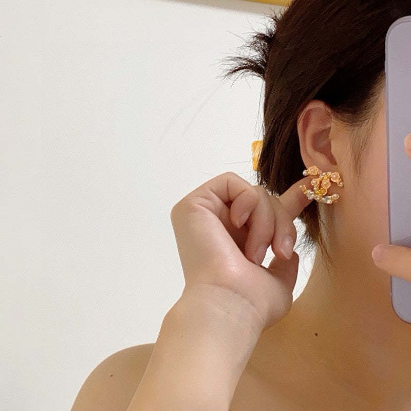 18K CC Pink Camellia Pearl & Gold Earrings