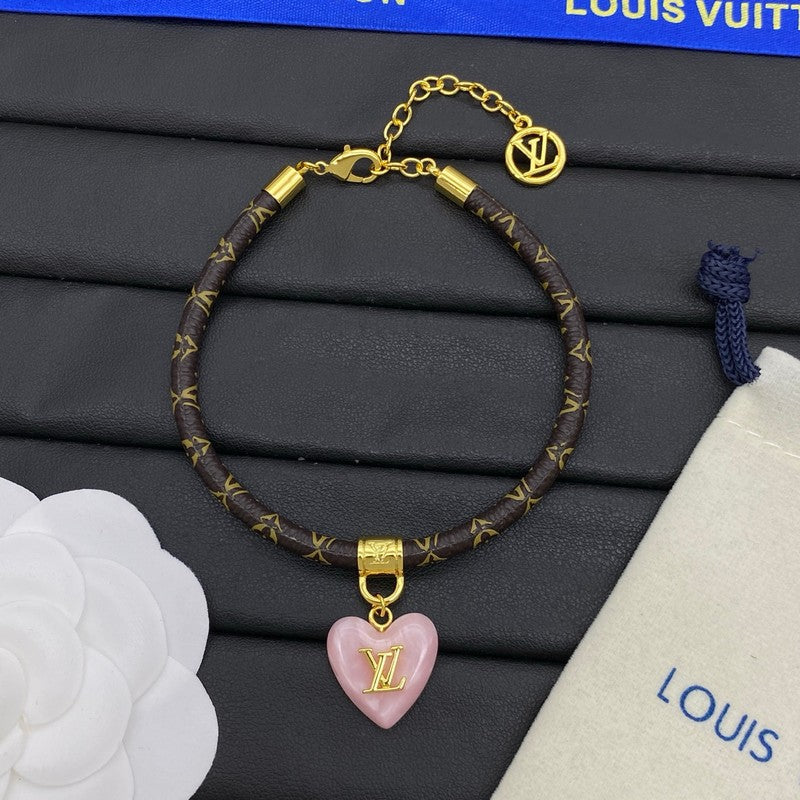 18K Louis Leather Pink Heart Bracelet