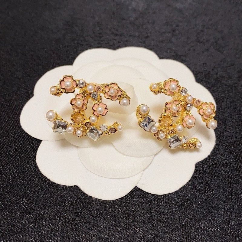 18K CC Pink Camellia Pearl & Gold Earrings