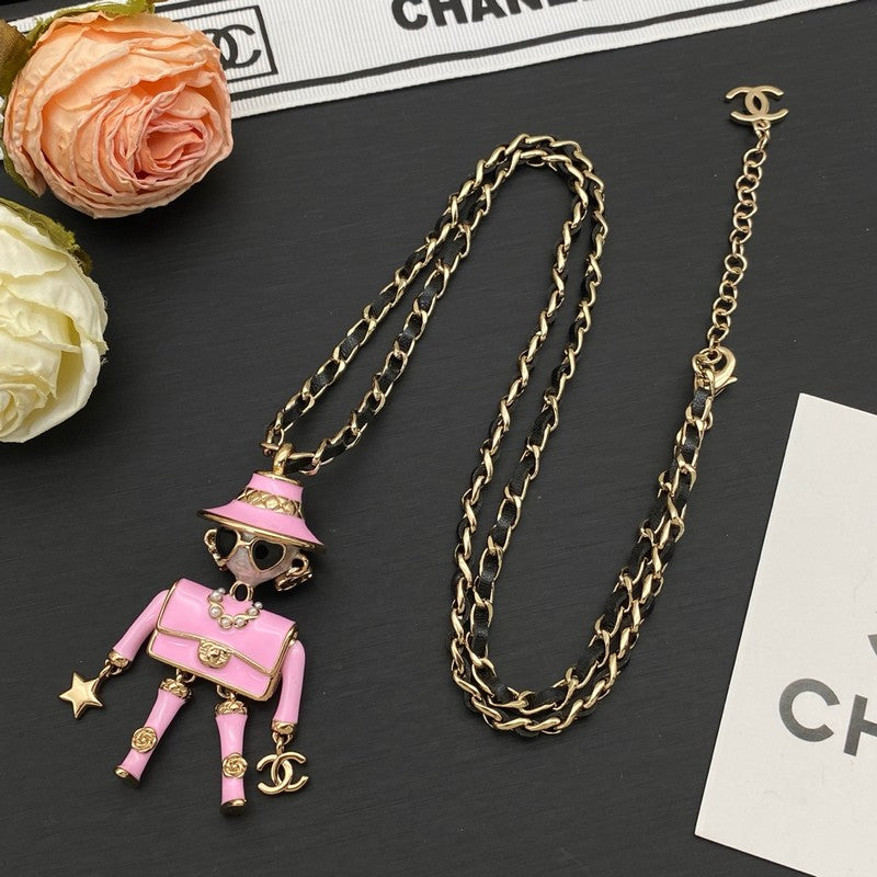 18K CC Pink & Black Leather Necklace