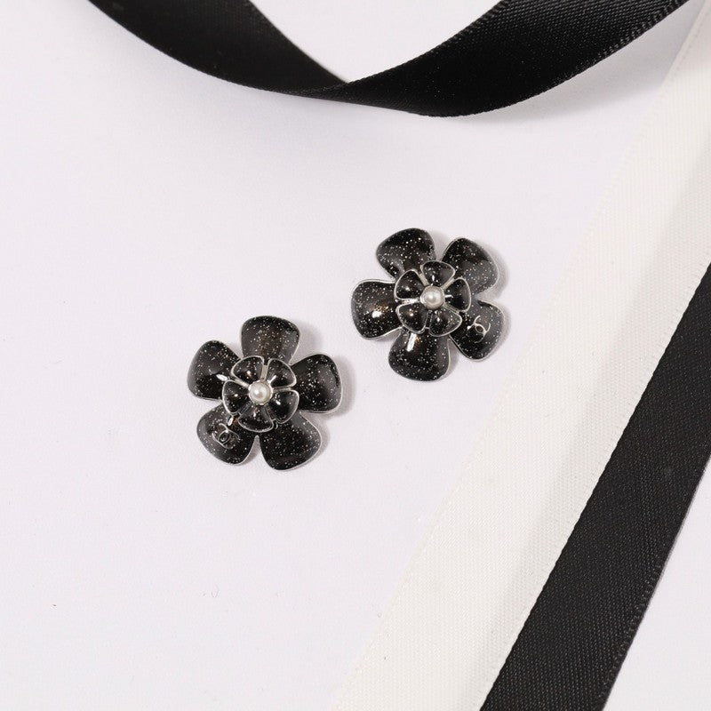 18K CC Black & Pink Flower Earrings